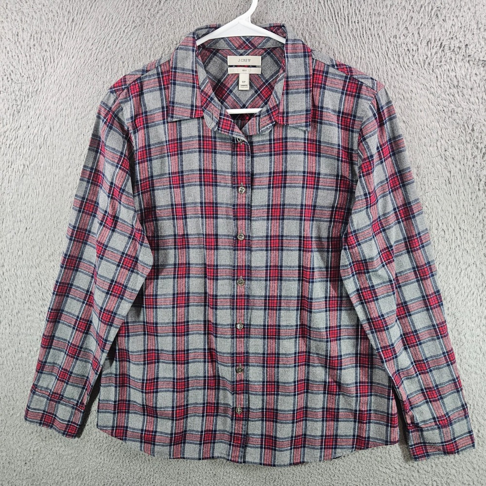 J. Crew Boy Shirt Womens 12P Grey Red Plaid Flannel Button Down Cotton